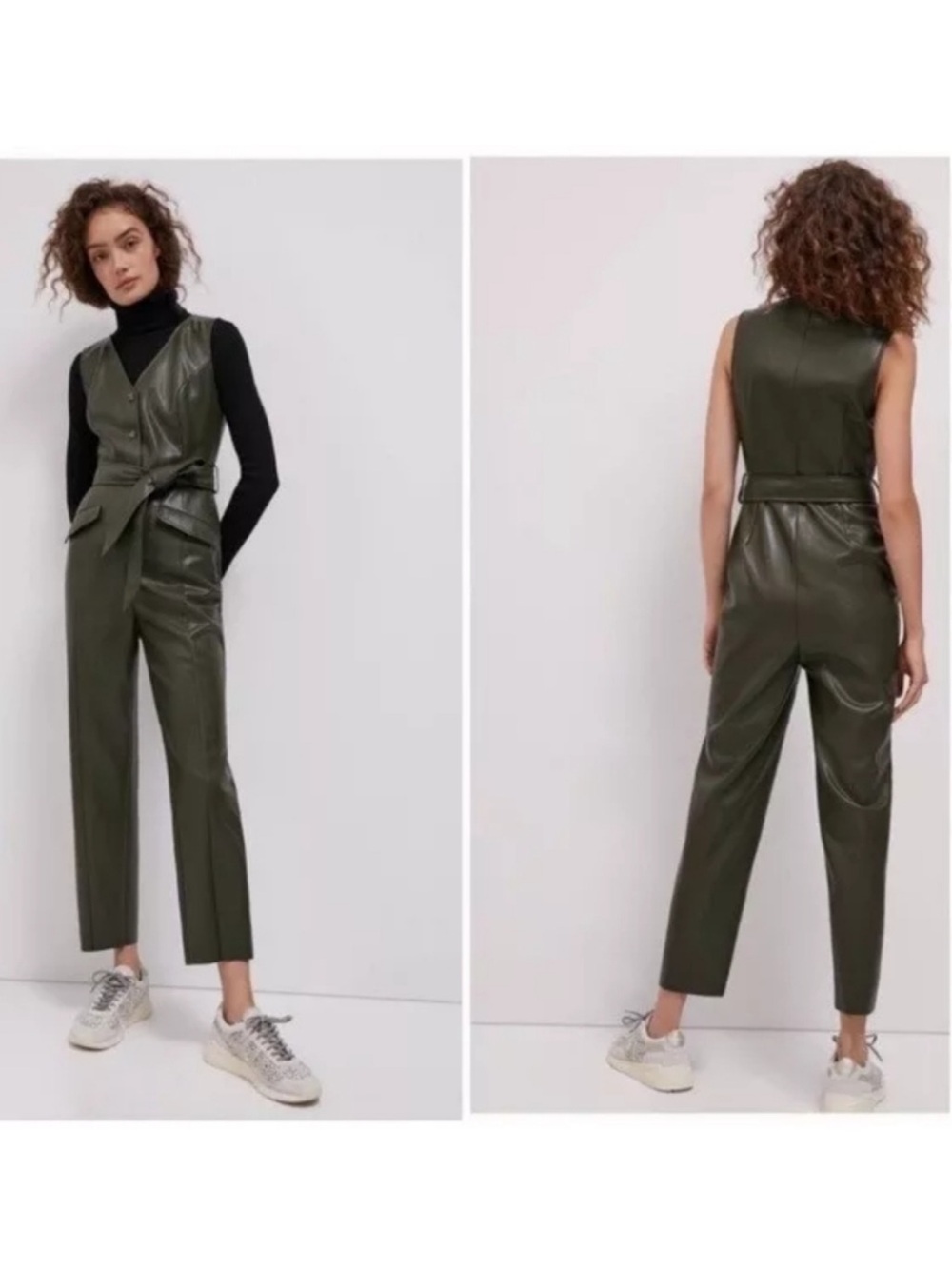 Avec Les Filles Olive Green Faux Leather Sleeveless Jumpsuit with Waist Tie